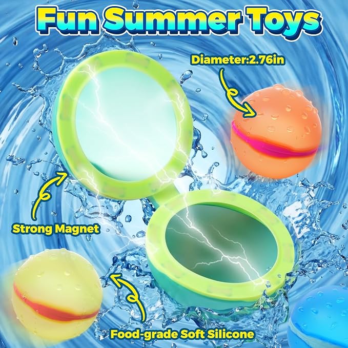 24 PCS Reusable Water Balloons, Magnetic Self-Sealing Refillable Water Bombs,Water Toys for Kids Outdoor Summer Pool Beach (24 PCS)