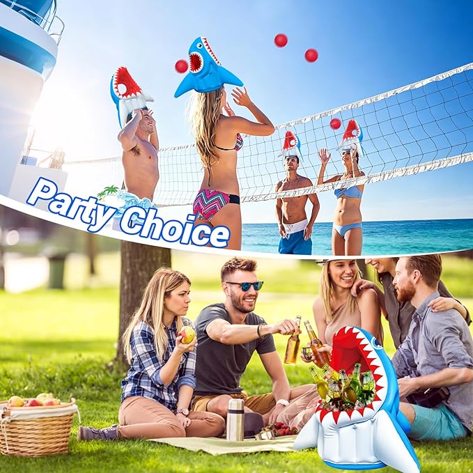 Shark Pool Toys, 3-in-1 Inflatable Pool Floats Basketball & Football & Head Hoop Swimming Pool Games, Summer Outdoor Water Games Beach Family Party Gift for Kids Boys Girls