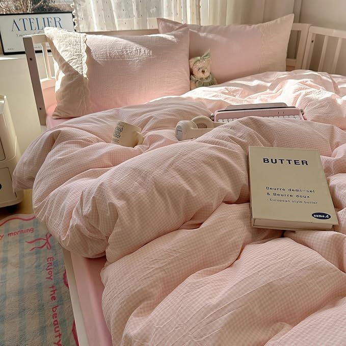 LifeTB Pink Gingham Comforter Set Full Size Soft Fluffy Romantic Lace Bedding Set Cottagecore Cute Plaid Checkered Comforter Set 3 Pieces Pink Grid Farmhouse Bedding Comforter with 2 Pillowcases