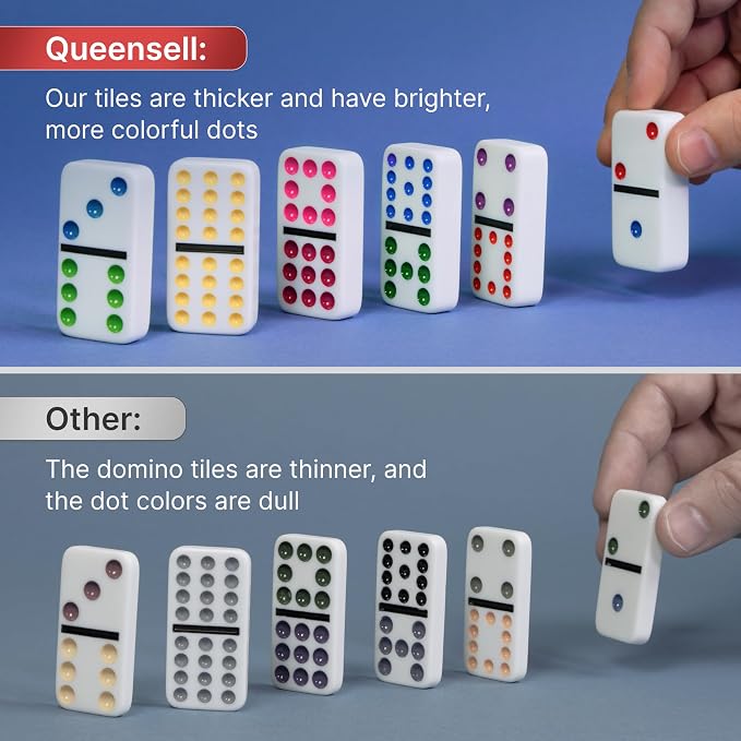 Queensell Mexican Train Dominoes Set with Jumbo Tiles – Double 12 Dominoes Set for Adults, 91 Tiles with Colorful Dots, Wooden Hub, Train & Aluminum Case