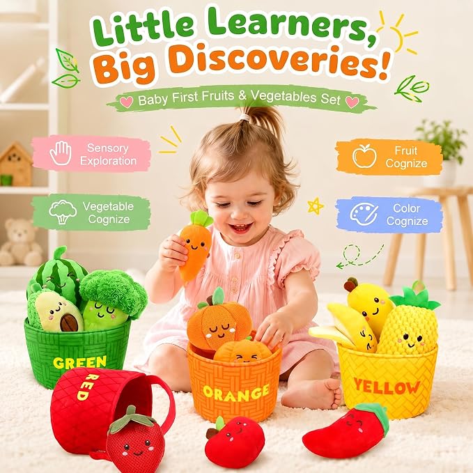 Montessori Baby Sensory Toys 6-12 Months - 16PCS Soft Plush Fruits & Vegetables Basket with Crinkle, Rattle & Color Sorting, Fine Motor Skills Learning Toy for 1 Year Old Toddlers Boys Girls
