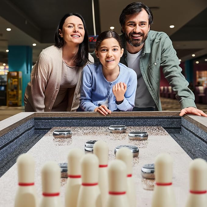 VEVOR Shuffleboard Table, 9 ft Shuffleboard for Family Game Rooms, 2 in 1 Shuffleboard and Bowling Combo Game Set, with Scratch-Resistant Playfield, Legs, 8 Pucks, Bowling Set, Wax, and Table Brush