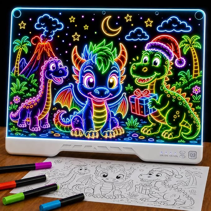 Upgraded 16” LED Drawing Board – Rechargeable, 7 Colors, 10 Light Modes, Adjustable Brightness – Acrylic Light Board for Tracing with Stand, Markers and Full Kit – Birthday Gift Set (White)