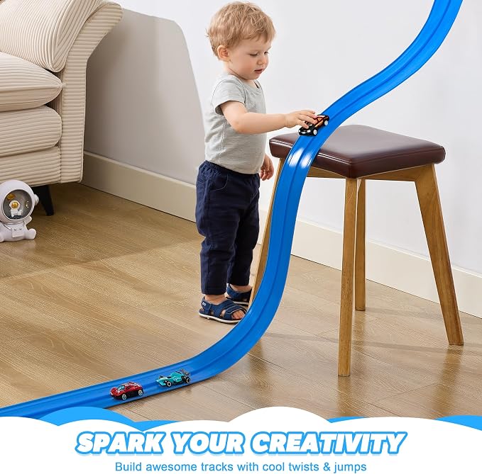 Flexible Race Track for Kids - 15 Ft Flex Track Race Car Tracks with Car Ramp Toy, Fit for Monster Truck Track & Kids' Play Cars, Race Tracks for Toddlers 3+, Gifts for Boys Girls (Dark Blue)