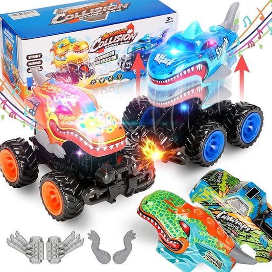 2 Exploding Pack Monster Trucks for Boys Age 4-7, Dinosaur and Shark Light Up Push and Go Toy Cars with Music, Friction Powered Birthday Gifts for Kids Ages 3-7