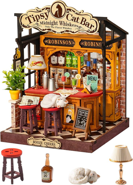 Robotime DIY Miniature House Kit for Adults, 1:28 Diorama Dollhouse with LED Lights, 3D Wooden Puzzles for Adults, Creative Crafts & Unique Gift for Craft Enthusiasts (Tipsy Cat Bar)