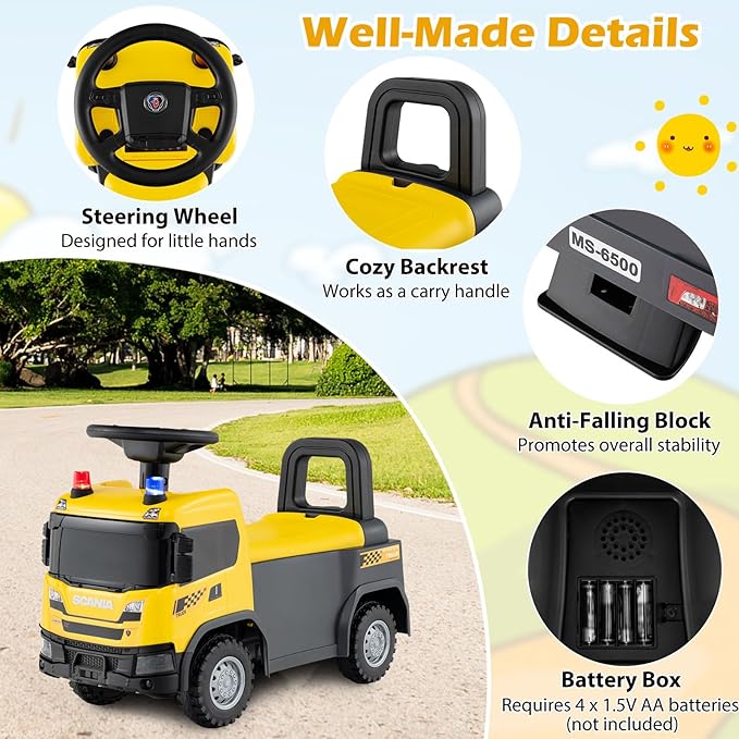 Costzon Ride On Push Car, Licensed Scania Construction Vehicle for Toddlers with Horn, Music, Lights, Under Seat Storage, Foot-to-Floor Sliding Car, Kids Ride On Toys for Boys Girls 18+ Months