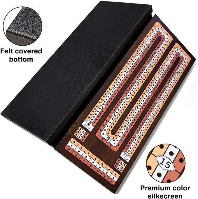 BIVOMON Wooden Cribbage Board Game Set with Large Storage Area, 3 Track Cribbage Board, 9 Metal Pegs｜2 Playing Cards｜Magnetic Lock, Family Travel Portable Tabletop Game for Adults & Kids (Instruction)