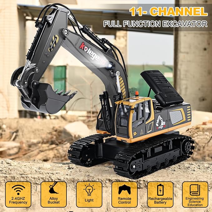 kolegend 1:18 RC Excavator Toys for Boys Metal Bucket Remote Control Excavator 2-Pack Batteries for Non-Stop Digging 2.4Ghz RC Construction Toy with Lights & Learing Cards, Gift for Age 6-10