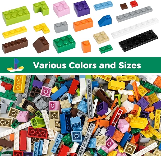 1100 Pieces Building Blocks, Compatible with All Major Brands, Classic Bulk Blocks, Includes Wheels, Door, Window, Street Lights