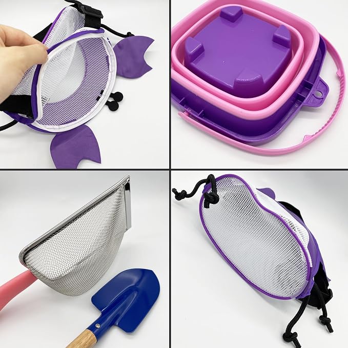 4PCS Beach Toy Mesh Shovel and Mesh Beach Bag Seashell Bag with Foldable Beach Bucket & Shovel,for Sand Filter & Collect Shells (Purple Crab