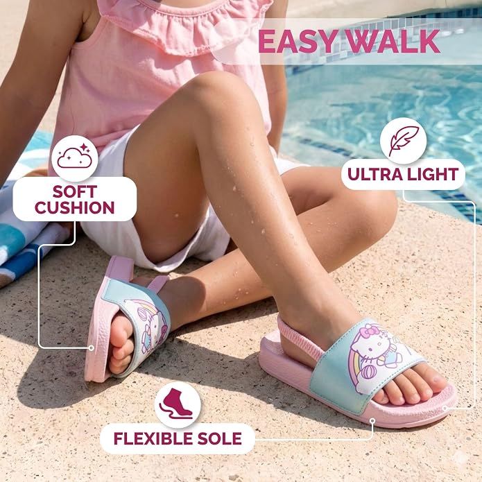 Josmo Gabbys Dollhouse Hello Kitty Slides Open Toe Sandals with Backstrap - Kid Girls Summer Beach Water Pool Shoes (sizes: 5-10 Toddlers / 11-12 Little Kids)