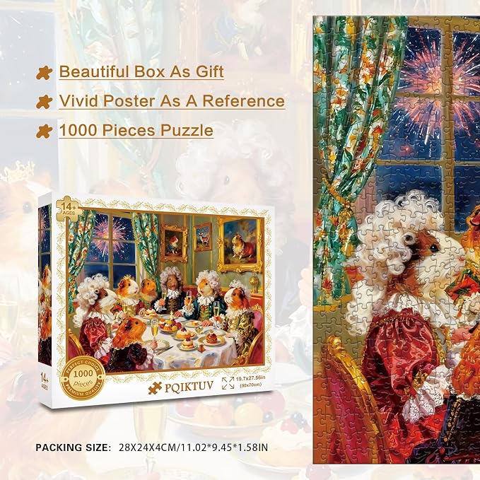 1000 Piece Jigsaw Puzzle for Adults, Whimsical Guinea Pig | Royal Banquet Oil Painting, Impossible Puzzle with Storage Bag, Lovely Wall Decor & Gift for Animal Lovers, 27.56" x 19.7"