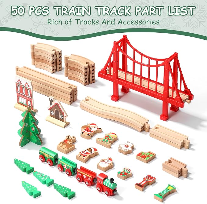 SainSmart Jr. Wooden Train Set 50 Pcs Train Set - Toy Train with Exquisite Box, Wood Train Track Set Fit for Major Brands, Ideal Railway Playset for Boys and Girls