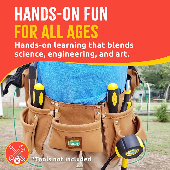 SparkJump Kids Brown Tool Belt, Adjustable Tool Belt for Toddlers and Kids, Dress-Up Construction Costume for DIY Woodworking and STEM Learning