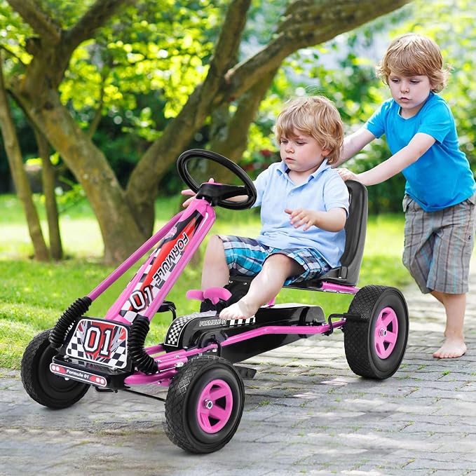 Costzon Go Kart for Kids, 4 Wheel Off-Road Pedal Go Cart w/Adjustable Seat, Steering Wheel, 2 Safety Brakes, EVA Rubber Tires, Ride-On Toys, Outdoor Racer Pedal Car(Pink, 40" L x 24''W x 24.5''H)