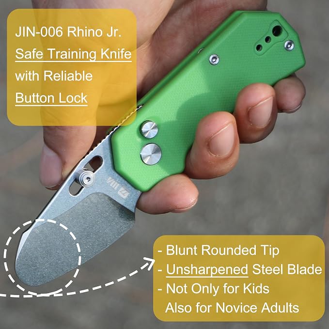 JIN Rhino Jr. Kids Pocket Knife, Fidget Toy Knife, DIY Kit, 1.97” Unsharpened Steel Blade, Safety Rounded Tip, Kids-friendly Button Lock Folding EDC, Green G10 Handle