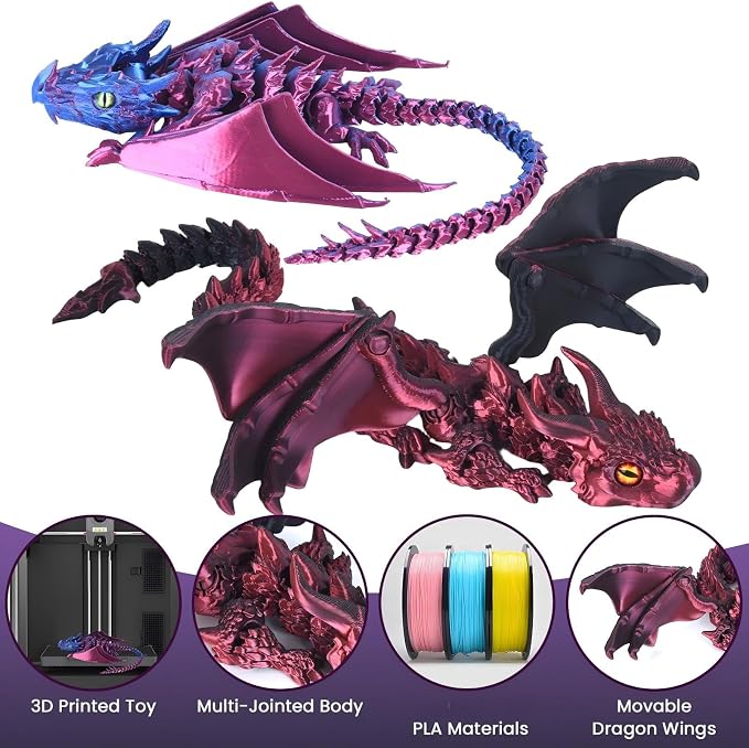 4PCS 12 Inch 3D Printed Dragons, Feathered Wyvern Figure with Wings, Dragon Desk Decor, Collectible Toy for Dragon Lovers(Purple-B)