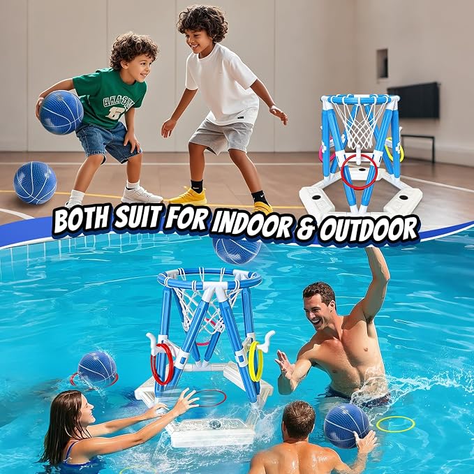 2-in-1 Pool Basketball Hoop & Ring Games, Summer Water Outdoor Party Pool Toys for Kids Ages 4-8, 8-12, Summer Outdoor Water Toys Pool Games for Adults and Family Birthday Pool Basketball Games Toys