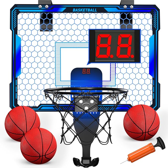 HYES Mini Basketball Hoop Indoor, Over The Door Basket Ball Hoop with 7 LED Lighting/Scoreboard/3 Modes/Foldable Rim, Wall Basketball Toy, Sport Decor Gifts for Kids Adult for Bedroom/Office (Blue)