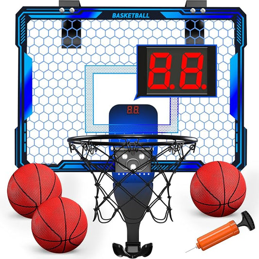 HYES Mini Basketball Hoop Indoor, Over The Door Basket Ball Hoop with 7 LED Lighting/Scoreboard/3 Modes/Foldable Rim, Wall Basketball Toy, Sport Decor Gifts for Kids Adult for Bedroom/Office (Blue)