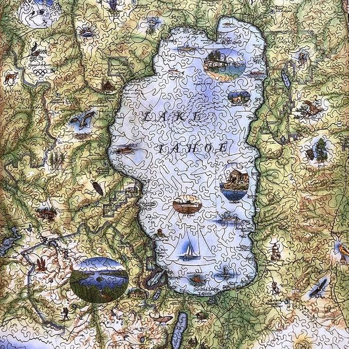 Lake Tahoe Map Cardboard Jigsaw Puzzle - 1000 Pieces, Hand-Illustrated - Educational, Family Activity, Ages 7+, Includes Poster - 25.4 x 19.8