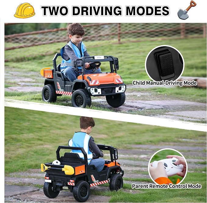 TOBBI 12V Electric Kids Car, Toddlers Ride On Dump Truck Toy with Parent Remote Control, Battery-Powered 4 Wheels Off-Road Vehicle to Drive with Auto Trailer/Horn/LED for Chirdren 3-8 Years-Orange
