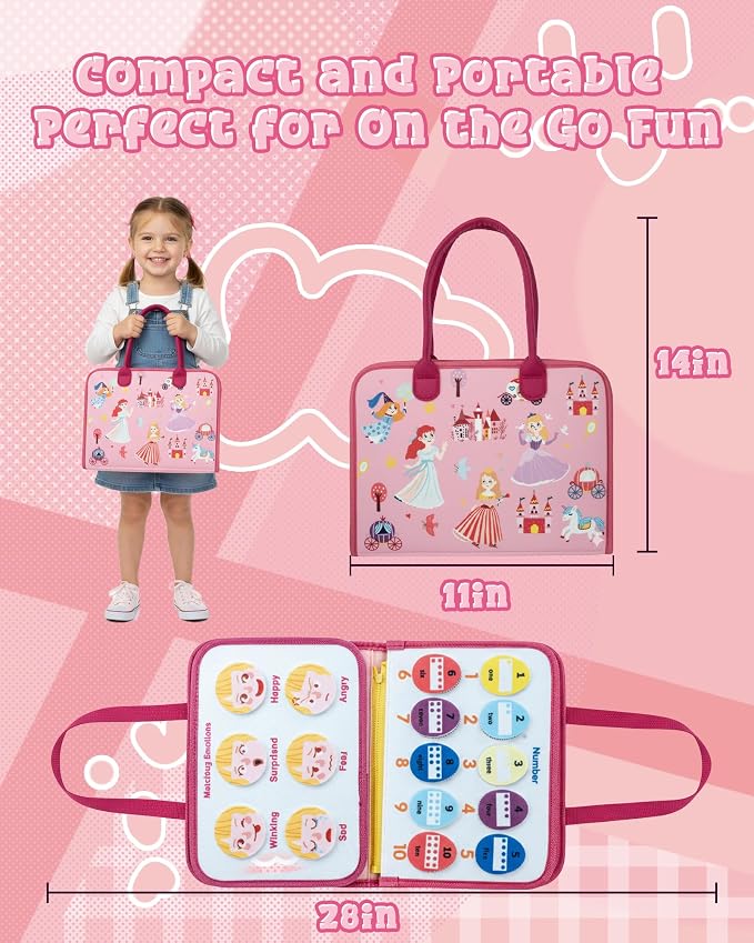 Pink Montessori Busy Board for Toddlers,8-Page Sensory Activity Book for Fine Motor Skills & Basic Dress Learning, Portable Travel Toy for Preschool Kids, Portable Travel Gift for Preschool Girls