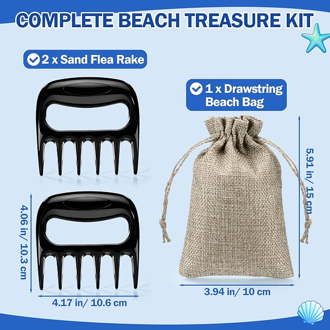 Shimeyao 2 Pcs Sand Flea Rake with Beach Collecting Bag, Sand Scoop with Shovel, Plastic Sands Sifter for Beach, Claw Rake Shell Scooper, Shark Teeth Digger for Picking Up Shell Sea Glass Hunting Tool