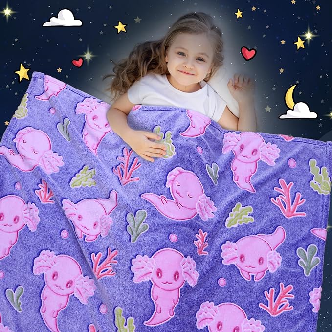 Axolotl Toys for Kids Glow in The Dark Blanket Girls Salamander Blankets Cute Animals Fish Soft Throw Blankets Room Decor 40 "X 50"