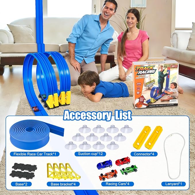 15 Ft Flexible Race Track for Kids 3+, Flexible Car Track Race Car Ramp Track Compatible with Hot Wheels and Diecast 1/64th Cars, Portable Rolls Up Race Tracks with Strong Suction Cups (Blue)