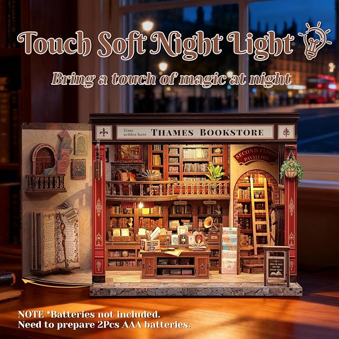 CUTEFUN DIY Book Nook Kit, 3D Puzzle Creative British Library Bookend Bookshelf Decor for Adults Teens, Magic Bookshop Miniature Kit with LED & Dust Cover, Gifts for Book Lovers (Thames Bookstore)