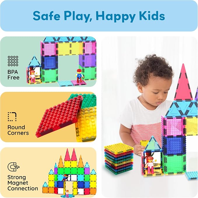 PicassoTiles 63pc Magnetic Tile Building Block Set with 2 Character Figures STEM 3D Construction Educational Toy for Kid Toddlers Boys Girls Age 3 Plus Montessori Learning Playset Creativity Kit PTL63