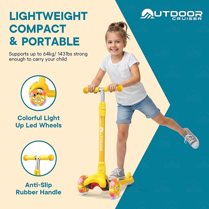 Outdoor Cruiser 3-wheel Kids Scooter – With Lean-to-steer Technology, Wide Deck, Led Lighted Wheel, 4-level Adjustable Height T-bar Handle, Support Kid Up to 150 Lbs, for Boys & Girls Ages 3-8, Yellow
