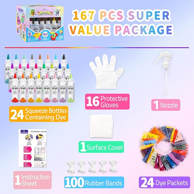 24 Colors Tie Dye Kit, Tie Dye Set for Kids, Pre-Filled Bottles, Non Toxic Permanent Fabric Dye Art Set, Easy DIY Fabric Art - Create Fun (24 Colors)