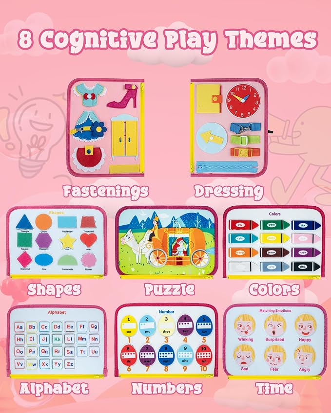 Pink Montessori Busy Board for Toddlers,8-Page Sensory Activity Book for Fine Motor Skills & Basic Dress Learning, Portable Travel Toy for Preschool Kids, Portable Travel Gift for Preschool Girls