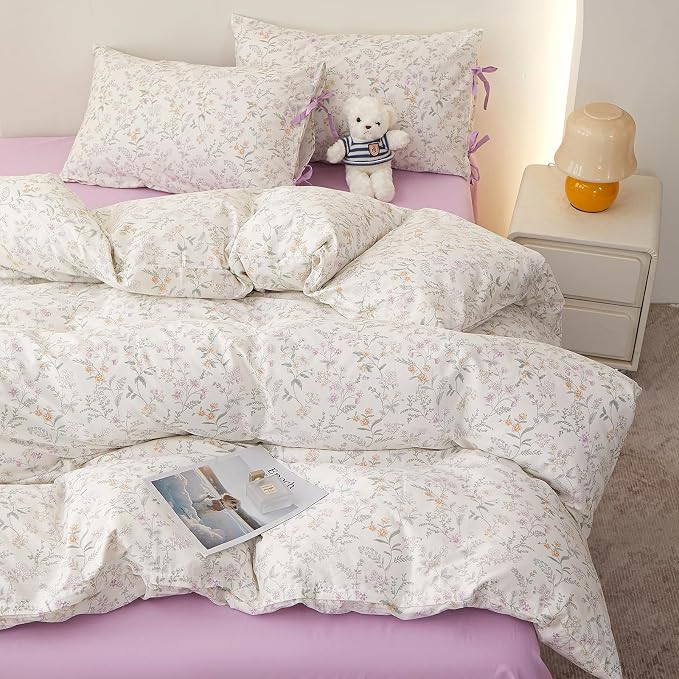 LifeTB Vintage Floral Comforter Set King, Cottagecore Aesthetic Cute Flower Pattern Comforter for All Seasons, Lightweight Coquette Bedding Set Flowers Botanical Comforter with 2 Bow Ties Pillowcases