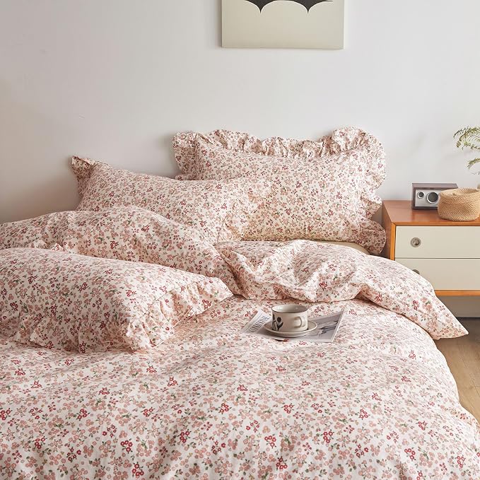 LifeTB Pink Flower Comforter Set Queen Floral Printed Aesthetic Bedding Set Vintage Garden Style Floral Comforter with 2 Pillowcases Girls Cute Flower Botanical Bedding Queen Bed Comforter Set