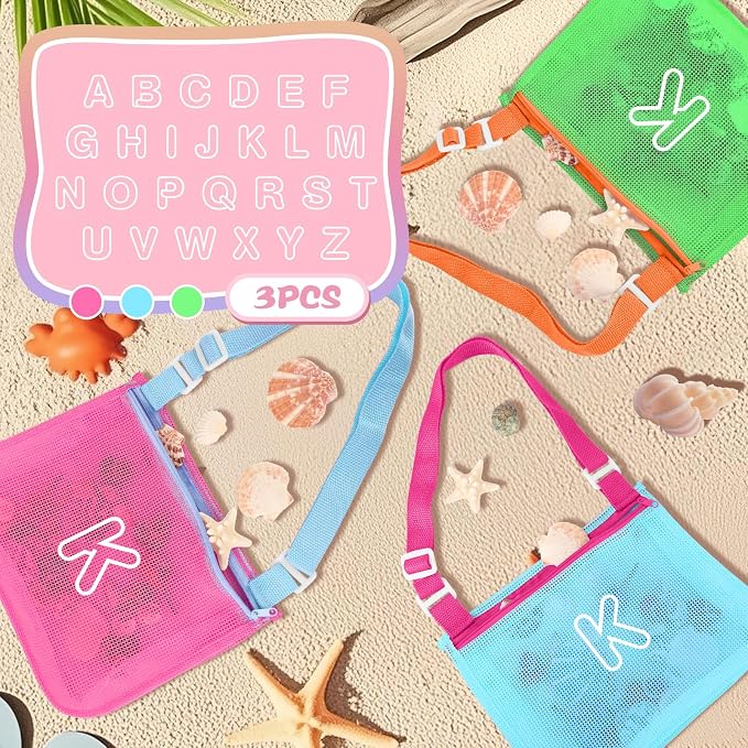 3Pcs Personalized Kids Beach Shell Bag, Initial Seashell Mesh Zipper Beach Pouch, Shell Collecting Bag for Holding Shells with Adjustable Straps, Sand Toys Swim Pouch Gift for Girl Boy Teens(Letter K)