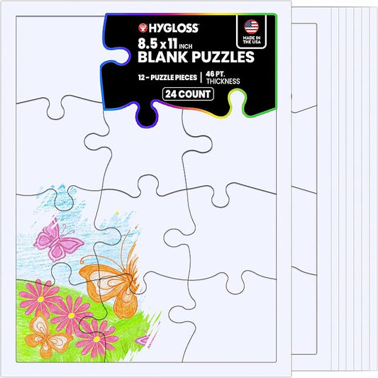 Hygloss 24 Blank Jigsaw Puzzles– 8.5 x 11 Inch, 12 Pieces Each – DYI Party invites, Perfect for Decorating, Kids' Activities, Arts & Crafts or Party Favors - Puzzle Pieces to Draw On for Crafts