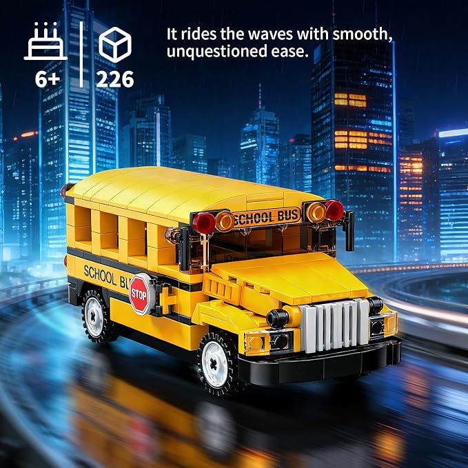 STEM Building Toys for 6 7 8 9 Years Old, 226PCS Remote Control RC School Bus Engineering Construction Kit, Educational Learning Blocks Set, Christmas Birthday Gift for Boys Girls Ages 8-12
