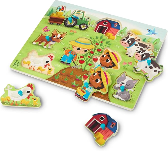 B. toys – Peek & Explore – Barnyard – Wooden Peg Puzzle – Farm Puzzle for Toddlers, Kids – 8 Barnyard Pieces – Barn, Animals, Farmers & More – 2+ Years