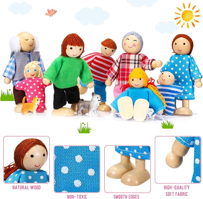 Skylety 10 Pcs Wooden Dollhouse Set of Mini People Figures Dollhouse Dolls Wooden Doll Play Figures Accessories(Pretty Style)