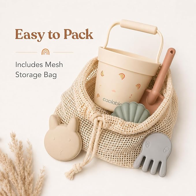 6-Piece Silicone Beach Toys Set for Kids - Foldable Sand Bucket, Shovel, 4 Sand Molds and Mesh Bag - Rainbow