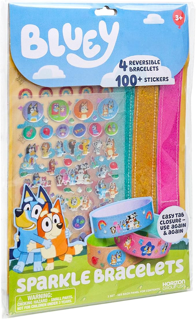 Bluey Sparkle Bracelet Making Kit, 4 Reversible Bracelets with Easy Closure, 100+ Traditional and Puffy Resin Stickers, DIY Bluey Jewelry, Arts and Crafts for Kids Age 8-12, Toddler Gifts