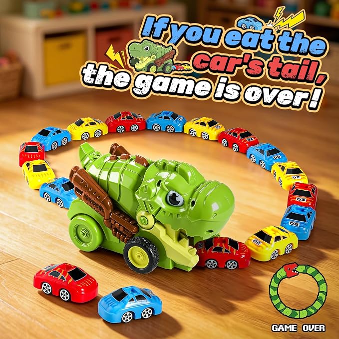 Remote Control Dinosaur Truck Toy Eats Cars for Kids 3-7 | RC Tyrannosaurus, 9 Mini Magnetic Cars, 2 Speed, 2.4G Rechargeable, Birthday Holiday Gift for Dino & RC Cars Lover