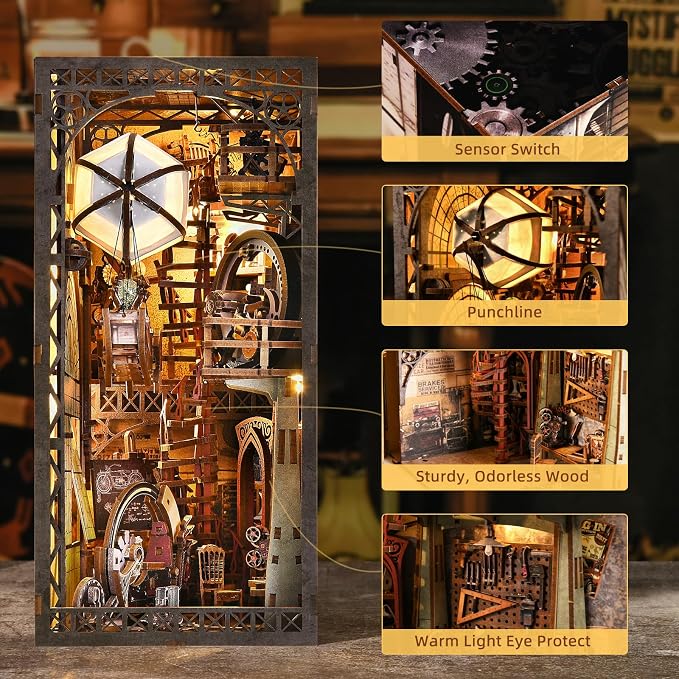 TOYQI Book Nook Kit, Book Nook Kits for Adults | DIY Miniature Dollhouse Kit 3D Wooden Puzzle Booknook Bookend with LED Light