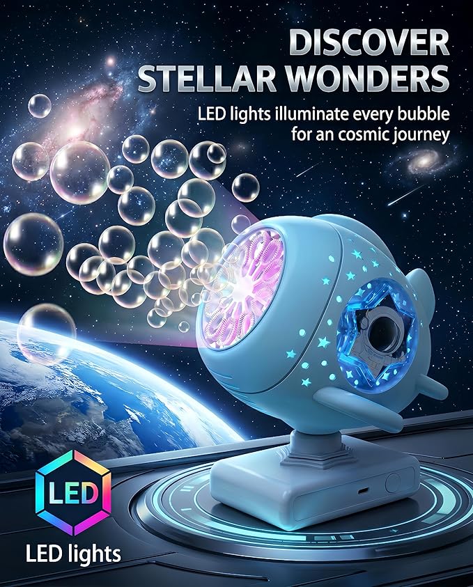 Bubble Machine for Kids, Rechargeable 30000+ Bubbles Maker Blower with 360° Rotating Base & LED Lights, Outdoor Toy for Toddlers Boys Girls Age 3+ for Weddings, Birthday Parties, Garden