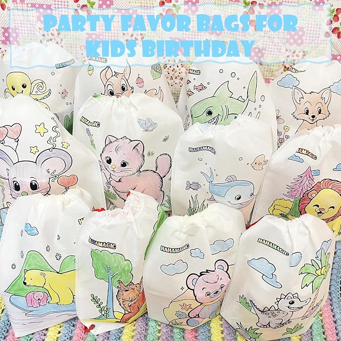 12 PCS Colorable Drawstring Backpack for kids with 12 stackable crayons (7 Colors Each), Perfect for return gifts, birthday goodie bags and art party favor bags for kids