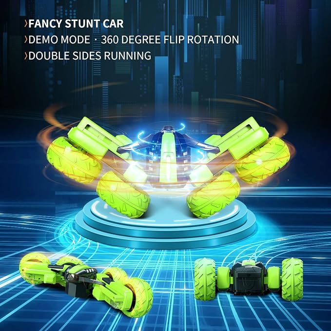 Amicool Remote Control Car Boy with Headlight, Hobby RC Car Stunt Kids Toy Gift for Boys Girls 6+ Years, Electric 4WD 2.4Ghz Double Side Rotating Race Vehicle 360° Flips Offroad Birthday Xmas